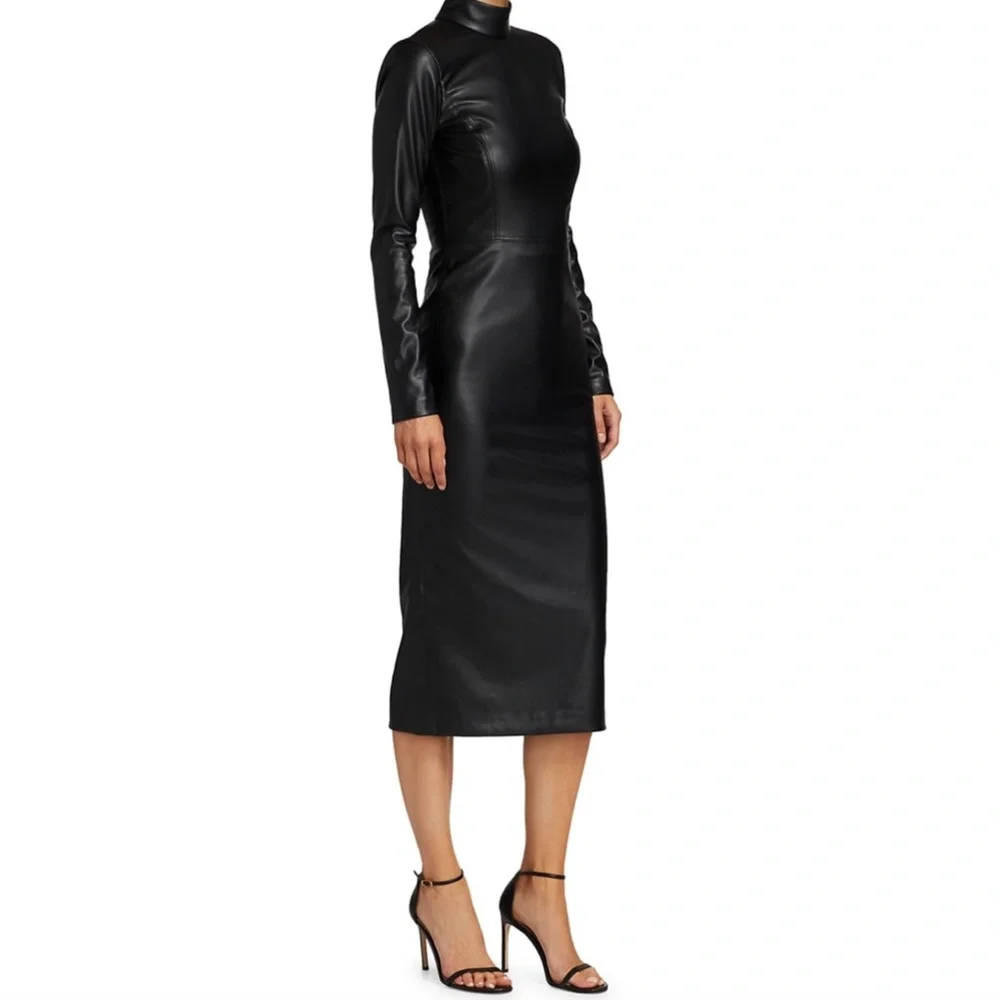 NWT $330 ALICE + OLIVIA Delora Faux-Leather Mock-Neck Open-Back Dress in size 0!